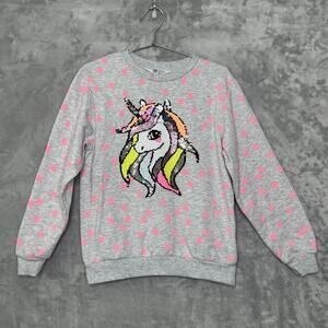 H&M Sweatshirt Girls 8/10 Heather Gray Pink Polka Dot Sequin Unicorn Pullover